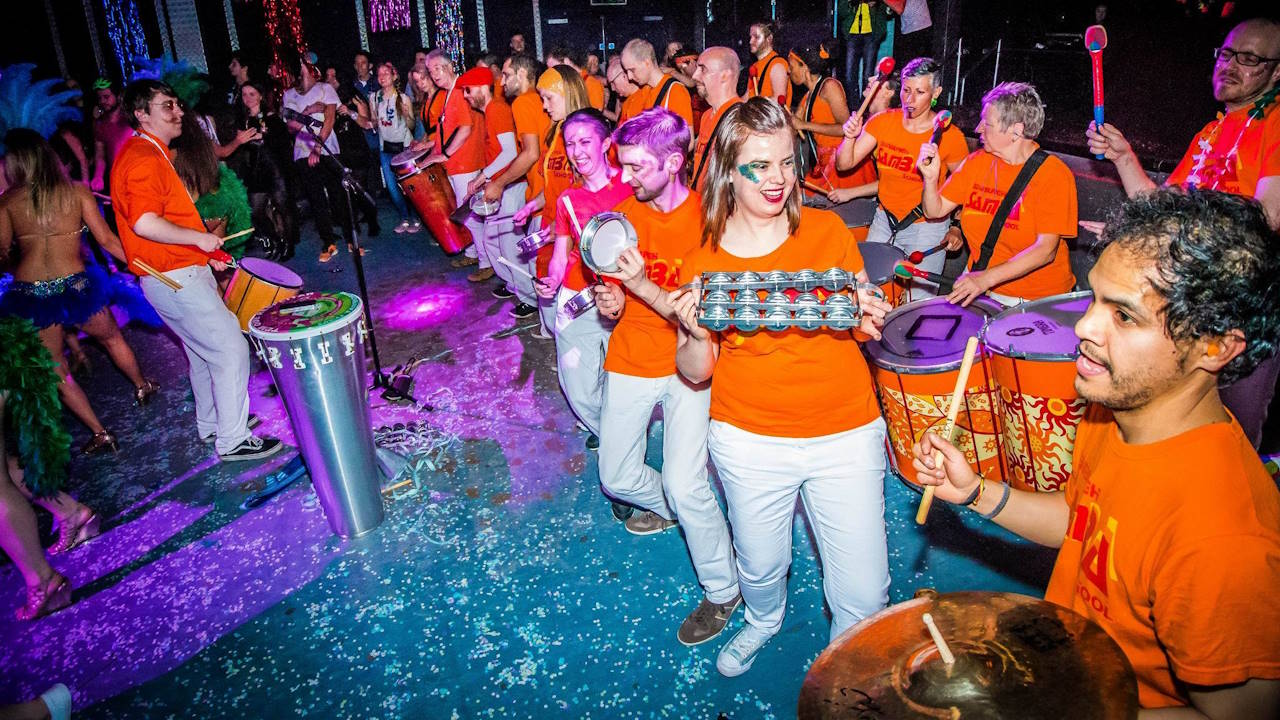 The Edinburgh Samba School playing at the Bongo Club in Edinburgh in 2017